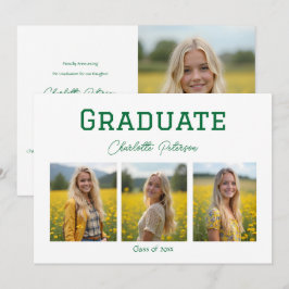 Modern White and Green Photo Grad Announcement Kaart