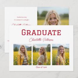 Modern White and Red Photo Grad Announcement Kaart