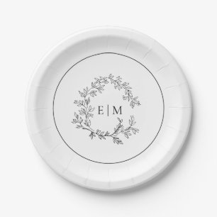 Modern White Black Leafy Crest Monogram Weddenscha Papieren Bordje