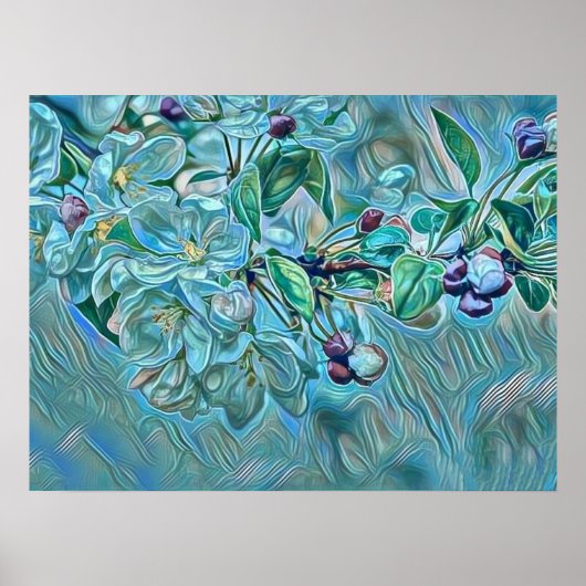 Modern White Blue Cherry Blossom Waterverf Poster (Voorkant)