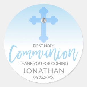 Modern White Blue Cross COMMUNION Boy Dank je Ronde Sticker