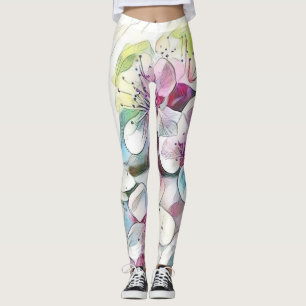 Modern White Blue Roze Cherry Blossom Waterverf Leggings