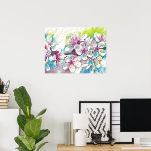 Modern White Blue Roze Cherry Blossom Waterverf Poster