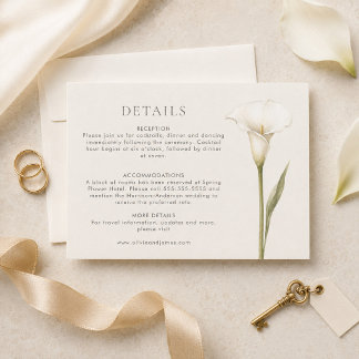 Modern White Calla Lily Wedding Details Card Kaart