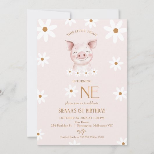 Modern White Daisy Little Piggy 1e verjaardag Kaart (Voorkant)