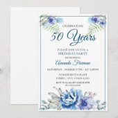 Modern White en Blue Floral Birthday Kaart (Voorkant / Achterkant)