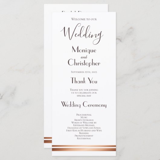 Modern White en Copper Wedding Programme Programma (Voorkant / Achterkant)