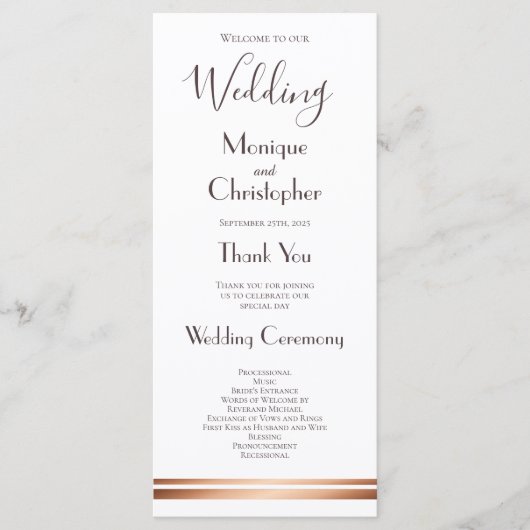 Modern White en Copper Wedding Programme Programma (Voorkant)