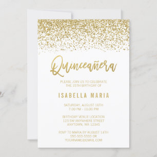 Modern White Faux Gold Glitter Quinceanera Kaart