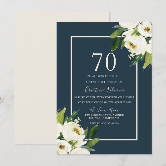 Modern White Floral Elegant Greenery 70th Birthday Kaart (Voorkant / Achterkant)