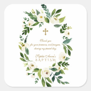 Modern White Floral Peonies Wreatbaptisme Vierkante Sticker