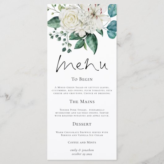 Modern White Florals Eucalyptus Wedding Menu (Voorkant)