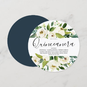 Modern White Florals Green Leaf Quinceanera Party Kaart