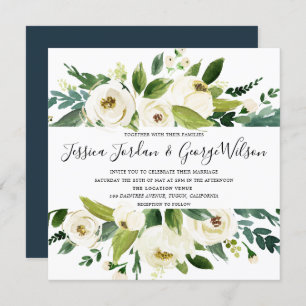 Modern White Florals Green Leaf Wedding Invite Kaart