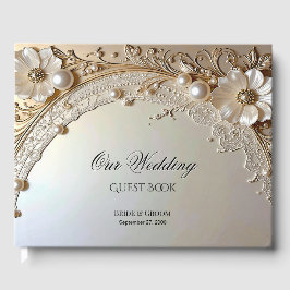 Modern White Flowers Pearls Guest Book Gastenboek