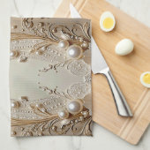 Modern White Flowers Pearls Kitchen Towel Theedoek (Quarter Fold)
