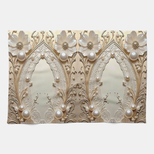 Modern White Flowers Pearls Kitchen Towel Theedoek (Horizontaal)