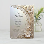 Modern White Flowers Pearls Save the Date (Debout devant)