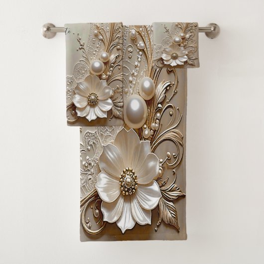 Modern White Flowers Pearls Towel Set (En situation)