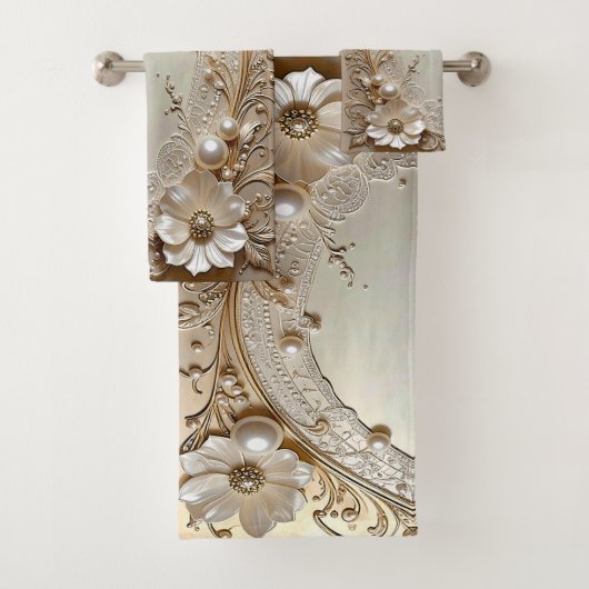 Modern White Flowers Pearls Towel Set Bad Handdoek (Insitu)