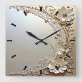 Modern White Flowers Pearls Wall Clock Vierkante Klok