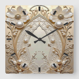 Modern White Flowers Pearls Wall Clock Vierkante Klok