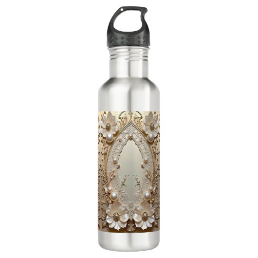 Modern White Flowers Pearls Water Bottle Waterfles (Voorkant)