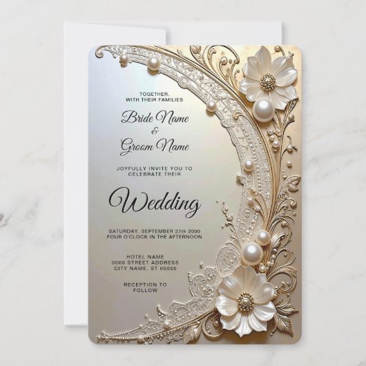 Modern White Flowers Pearls Wedding Invitation (Devant)