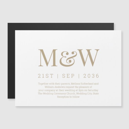 Modern White Gold Monogram Weddenschap Magnetische Uitnodiging (Voorkant / Achterkant)