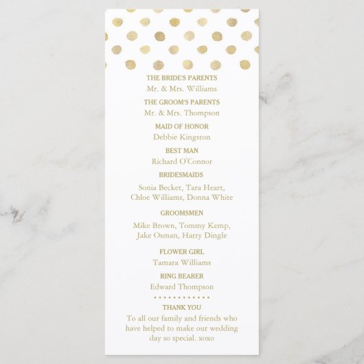 Modern White & Gold Polka Dots Wedding Programme Programma (Achterkant)
