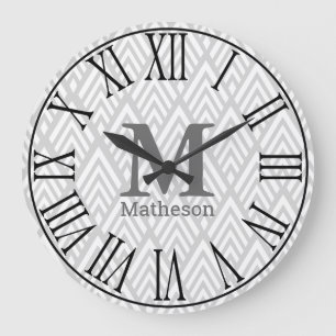 Modern White & Grey Art Deco Roman Numerieke Naam Grote Klok