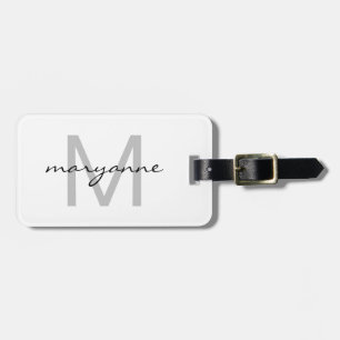 Modern White Grey Black Monogrammed Initiaal Name Bagagelabel