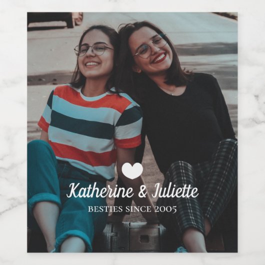 Modern White Heart Best Friend Friendship Foto Wijn Etiket (Enkel label)