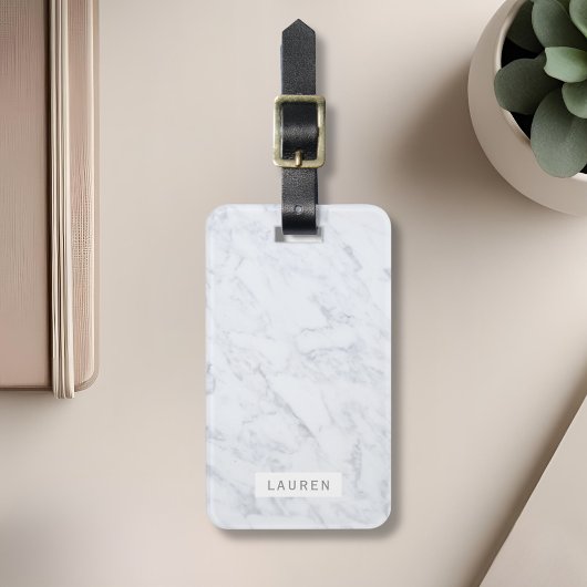 Modern White Marble Personalized Bagagelabel