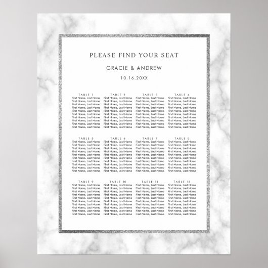 Modern White Marble Wedding Seating Chart Poster (Voorkant)