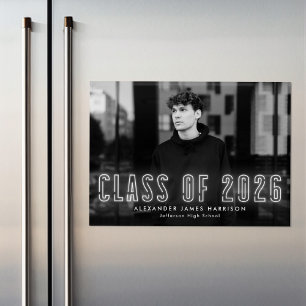 Modern White Neon Class van 2025 Foto Afstuderen Magnetische Uitnodiging