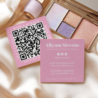 Modern White on Pink Bold QR Code Hair & Makeup Vierkante Visitekaartje