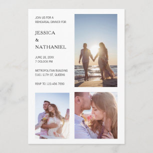 Modern White Photo Collage Rehearsal Dinner Kaart