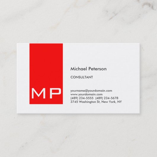 Modern White Red Stripe Monogram Visitekaartje (Voorkant)