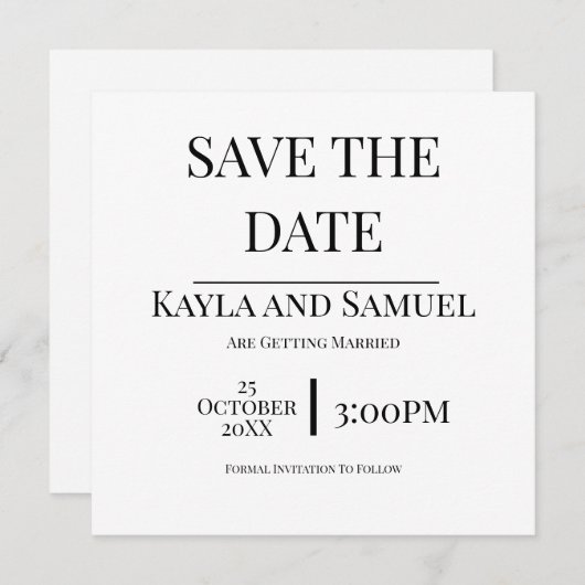 Modern White Save The Date Card with Black Text (Devant / Derrière)