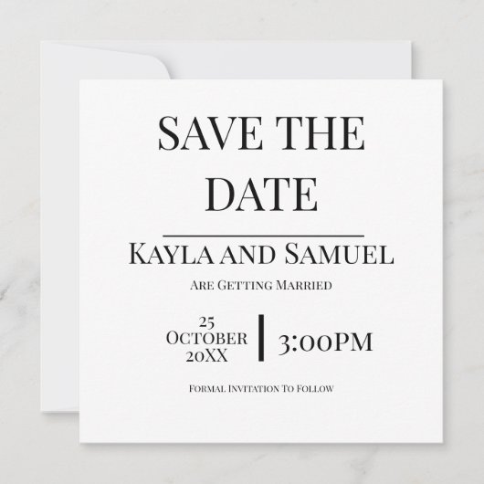 Modern White Save The Date Card with Black Text (Devant)