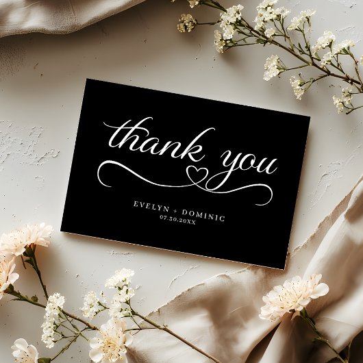 Modern White Script Black Romantic Wedding Bedankkaart