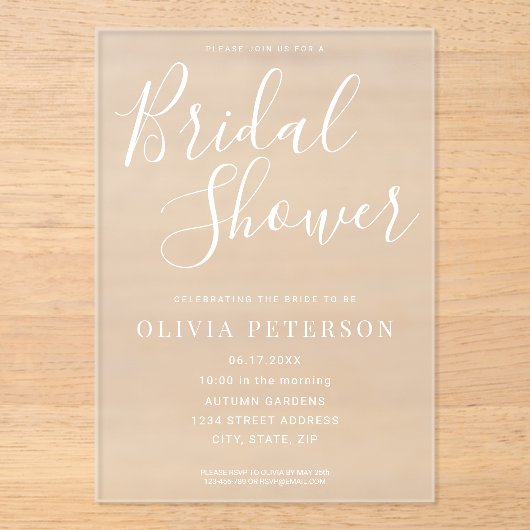 Modern White Script Bruids Douche Uitnodiging Acryl Uitnodigingen (Voorkant)