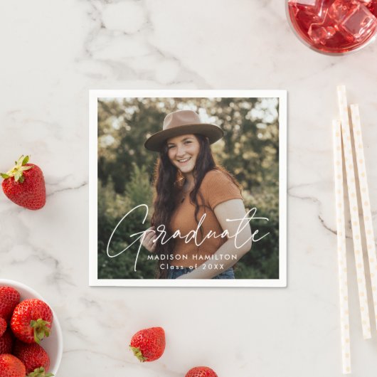 Modern White Script Photo Afstuderen Servet (Insitu)