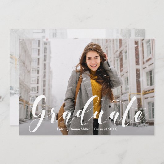 Modern White Script Photo Graduation Invitations Kaart (Voorkant / Achterkant)