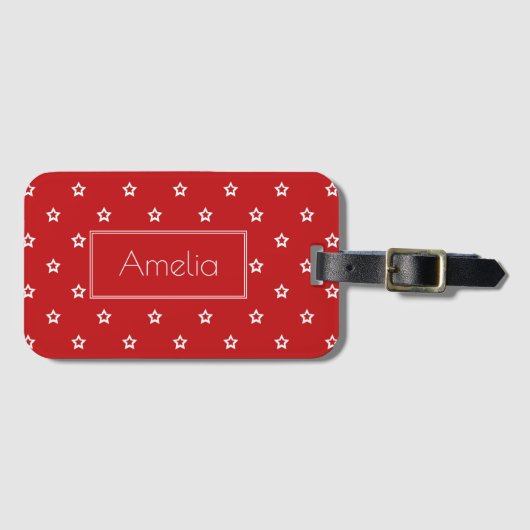 Modern White Stars Pattern op Red Personalized Bagagelabel (Voorkant (horizontaal))