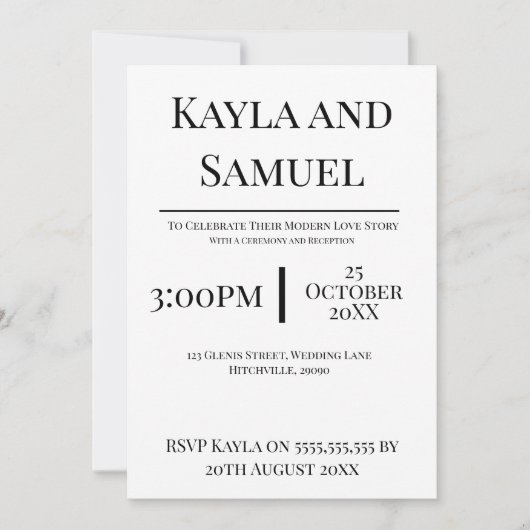 Modern White Wedding Invitation with Black Text (Devant)