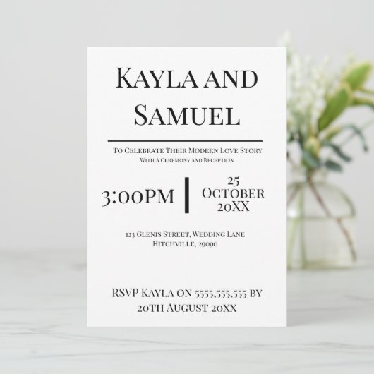 Modern White Wedding Invitation with Black Text (Debout devant)