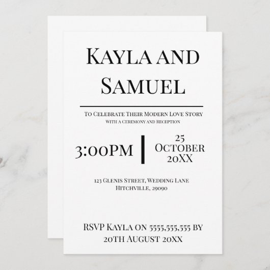 Modern White Wedding Invitation with Black Text (Devant / Derrière)