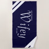 Modern Wifey Script Navy en White Stripes Strandlaken (Voorkant)